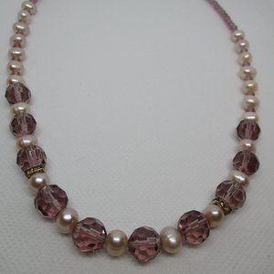 Genuine Freshwater PEARLS Purple CRYSTALS STERLING Silver Necklace Genuine Pearl